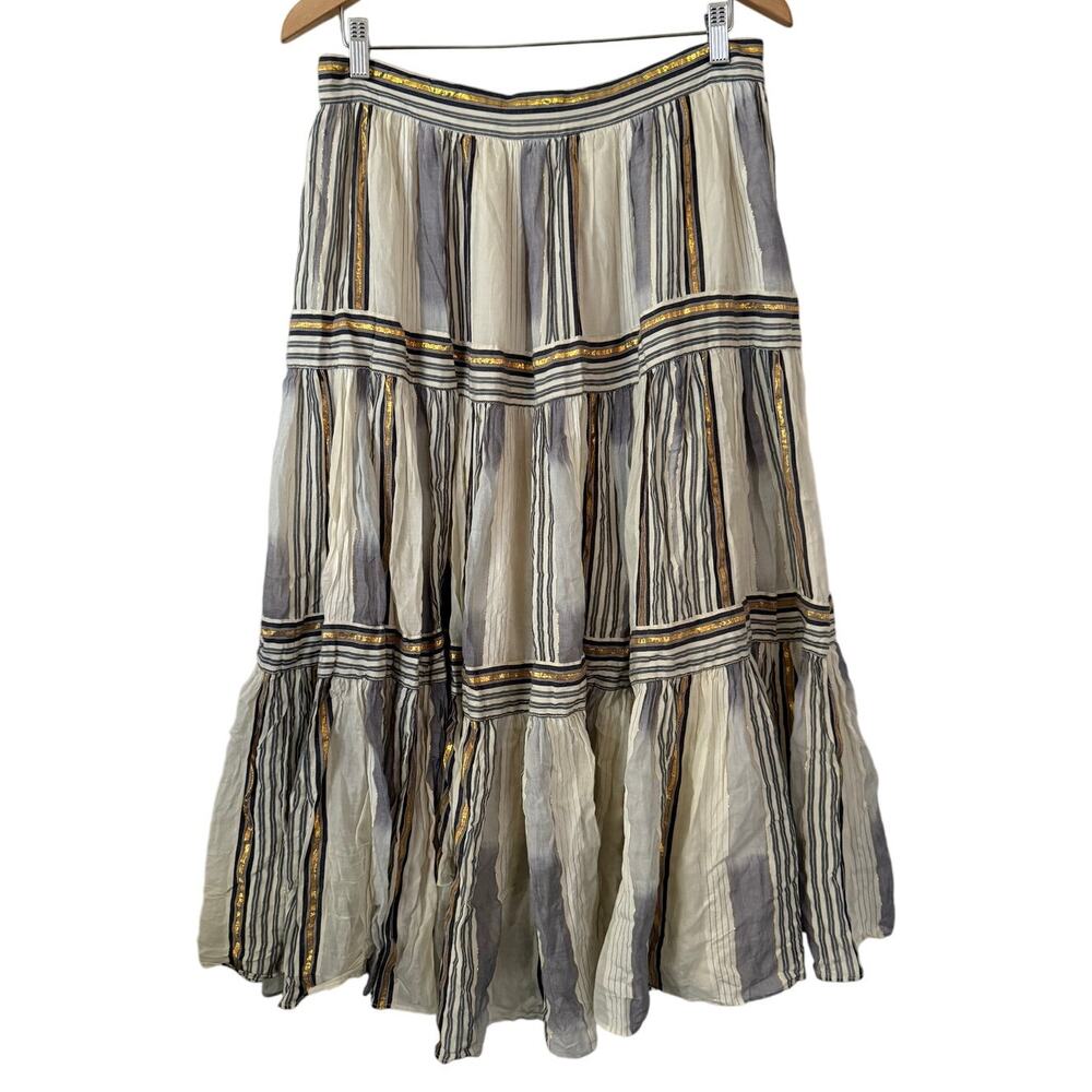 Banana Republic Zephyr Midi Shimmering Gold Tiered Boho Flowing A-Line Skirt-10 - Picture 2 of 5